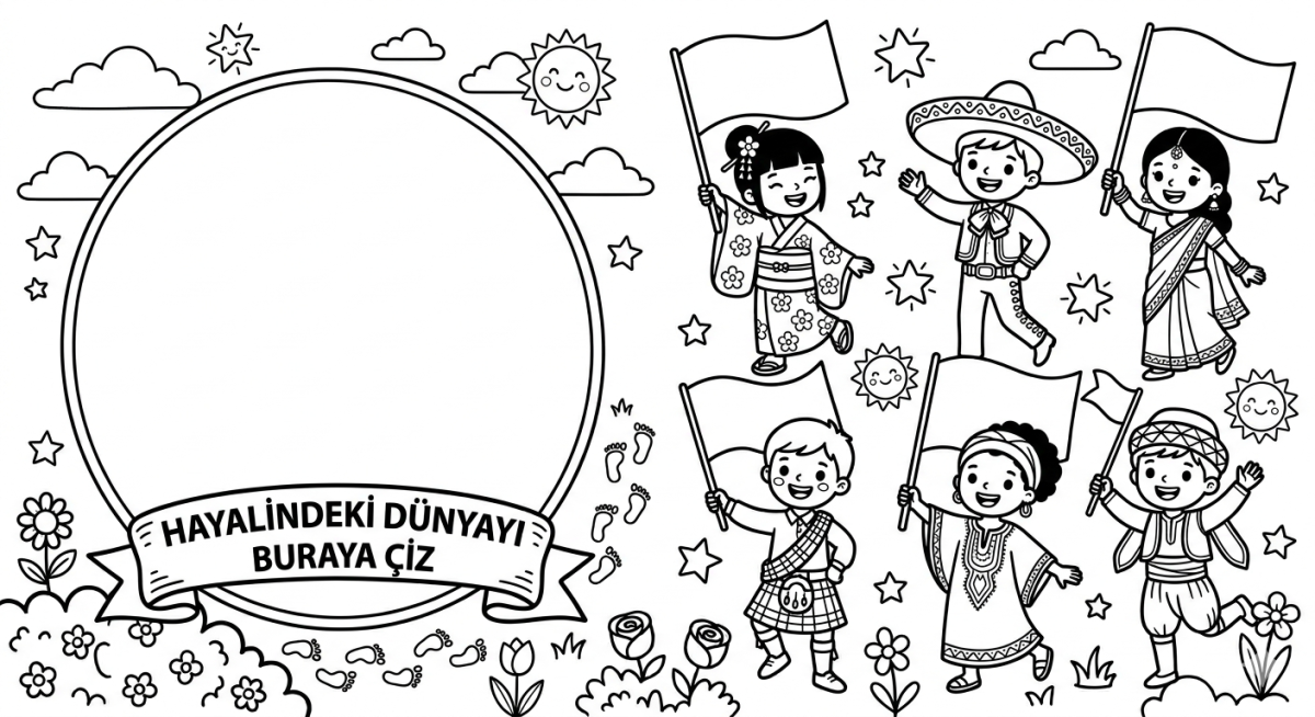 23 Nisan Hayalindeki Dunyayi Ciz Boyama Sayfası